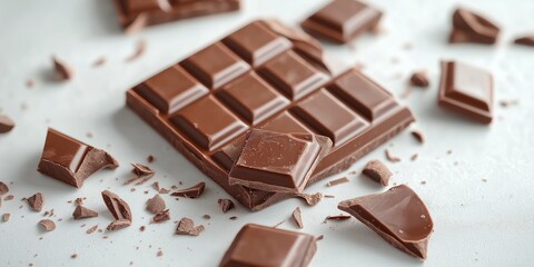 Close-up of a broken chocolate bar with visible texture, scattered pieces on a white surface
