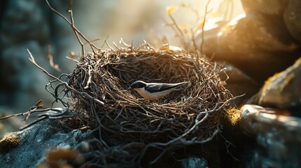 A bird resting in its natural nest.