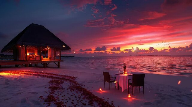 Animation Romantic beach dinner setup during stunning sunset view generated with ai