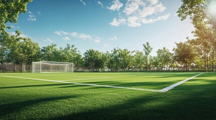 A soccer field with a soccer goal in the middle. Suitable for sports and recreation concepts
