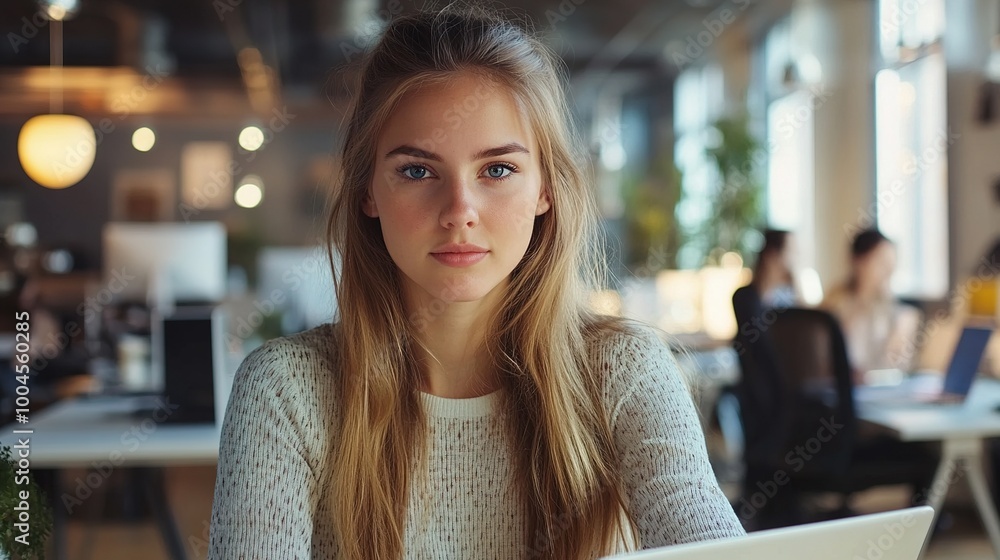 Sticker Focused Young Woman in Modern Office Setting