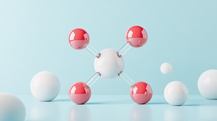 A white and red abstract molecular structure made of spheres and rods on a blue background.