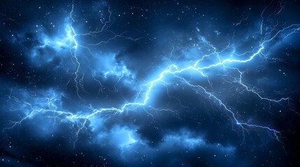 A realistic image of lightning bolts striking against a dark sky. The image has a bright glow and sparkling effect, making it look like a real thunderstorm.