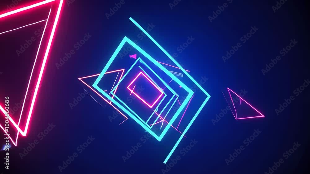 Poster neon triangles and rectangles rotating in dark space