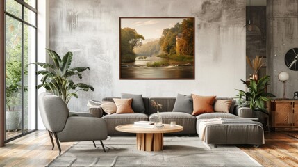 Frame mockup, ISO A paper size. Living room wall poster mockup. Interior mockup with house background. Modern interior design. 3D render, 