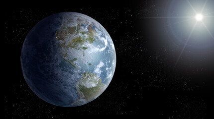 Earth from Space with Sun in Background