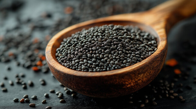 une cuilli&egrave;re qui d&eacute;borde de graines de chia qui sont toutes noires