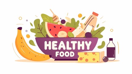  Flat vector logo of "HEALTHY FOOD" featuring a purple bowl filled with colorful salad, watermelon, cheese slices, a banana, and a milk bottle on a clean white background