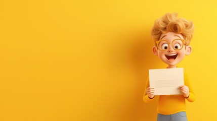 Obraz premium Cheerful Boy Holding Paper with Yellow Background