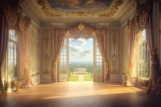 Majestic Rococo royal palace interior with sumptuous fabrics ornate moldings frescoed ceilings and a vista of the palatial grounds  Chiaroscuro lighting creates a scene with an elegant
