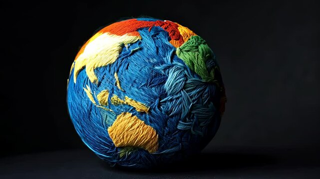 Embroidered earth globe rotating on black background