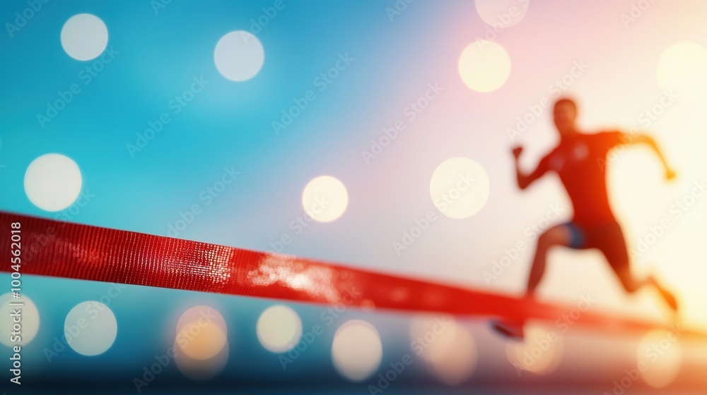 Poster runner crossing finish line in dynamic background