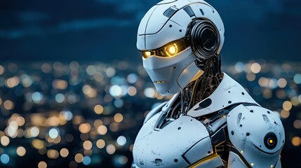 Fototapeta premium A white humanoid robot with glowing yellow eyes stands against a backdrop of a city at night.