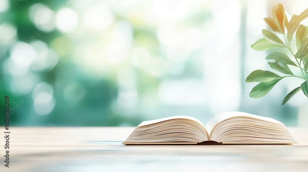 Poster open book on table with greenery background