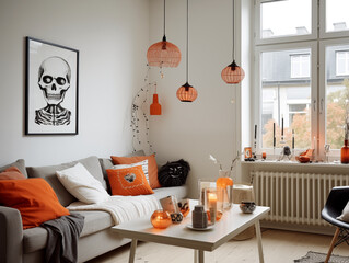 Scandinavian minimalist interior in light color with orange and black accents. Room decorated for halloween. White walls and orange interior with pumpkin accent.