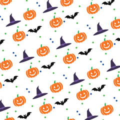Halloween seamless pattern design with pumpkin, bat, and hat. Vector illustration.
