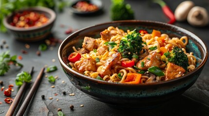 Ramen Noodles with Broccoli, Bell Pepper, Mushroom, and Chicken in a Bowl with Chopsticks, Asian Food Photography.