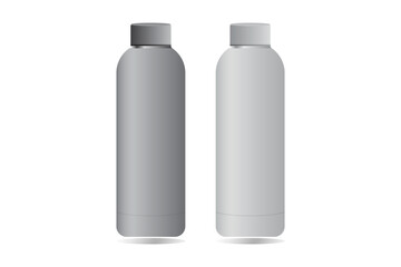 A minimalist mockup of two identical gray bottles standing side by side on a white background. The bottles feature a smooth, cylindrical design with caps, perfect for showcasing branding or label desi