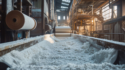  A paper mill processing wood pulp into paper rolls. 