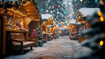 Obraz premium Festive Christmas market illuminated with bright garlands and colorful lights with bokeh. winter holiday fair with wooden houses with festive New Year decorations.