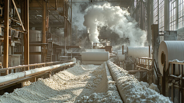  A paper mill processing wood pulp into paper rolls. 