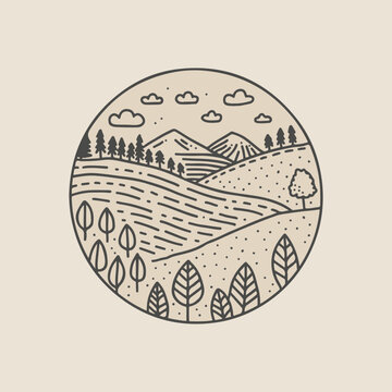 recommend clip art: Circular landscape with rolling hills, trees, and mountains in minimalist line art style.