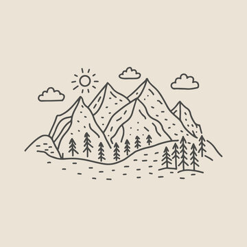 recommend clip art: Minimalist mountain landscape with trees, sun, and clouds in line art style.