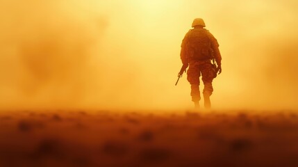 Soldier Walking in Desert During Golden Hour