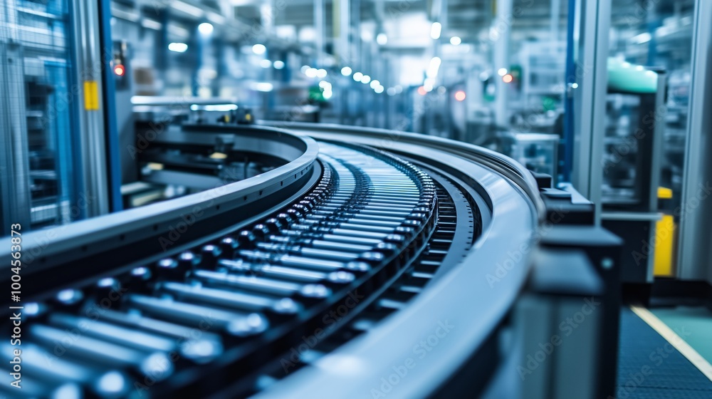 Poster curved conveyor belt transporting goods in a modern factory setting during daytime operations