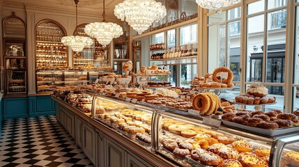 Baked croissants in bakery
