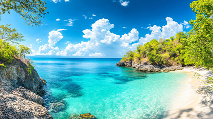  A panoramic view of a tropical island with clear turquoise waters. 