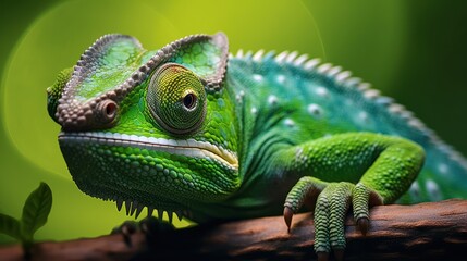 Close-up Vivid Green Chameleon on a Branch with Bokeh Background. Nature Wildlife