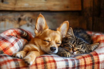 Lovely scene of a little dog and a cat sleeping on a plaid blanket