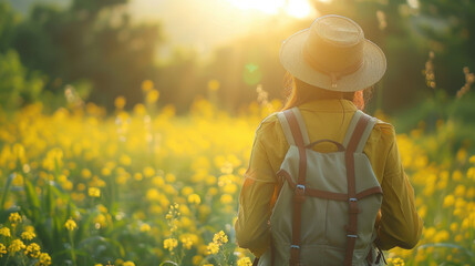 Back view of a young woman with a bag enjoying nature in spring. Copy space