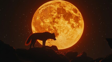Naklejka premium Silhouette of wolf against giant full moon in a starry night sky. Captivating and mystical night wildlife scene.