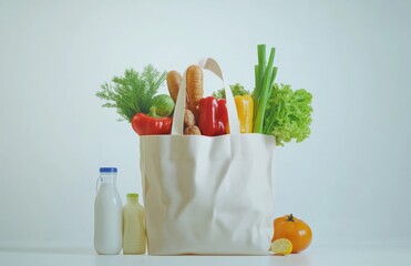 Grocery bag filled with fresh groceries including milk, vegetables, and bread, arranged against a white background