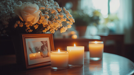 Memorial candles with framed photograph and floral arrangement in soft lighting