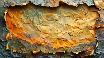 An aged piece of crumpled paper serves as a unique backdrop, featuring warm orange and earthy tones that inspire creativity and serve as a canvas for thoughts and ideas. Copy space