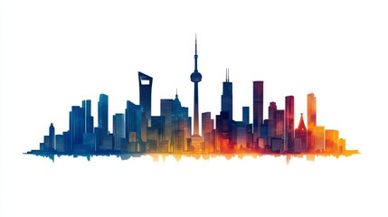 Fototapeta premium Colorful urban skyline illustration featuring vibrant cityscape with iconic landmarks against a white background. Perfect for modern designs.