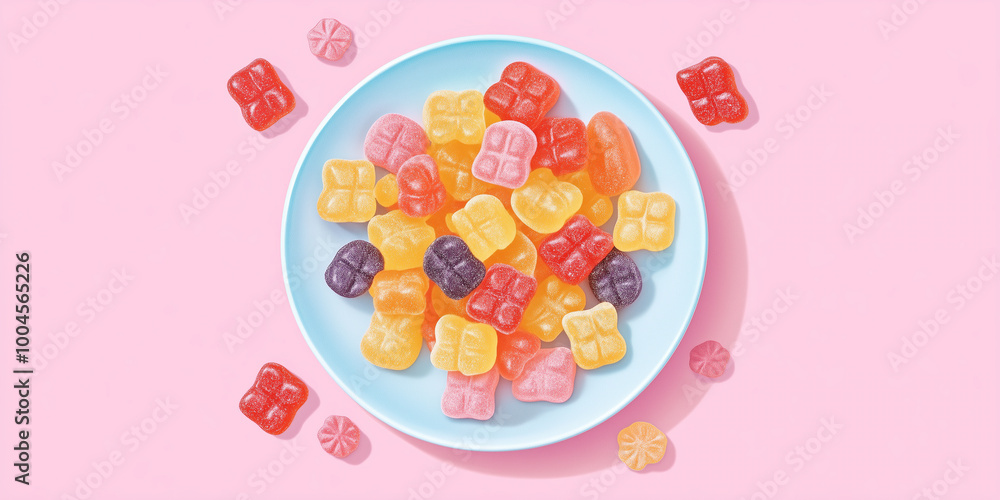 Poster Gummies spread out on a small plate, with different shapes visible, sweet illustration