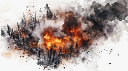 Dramatic illustration of a raging forest fire with intense flames and smoke, highlighting environmental destruction.