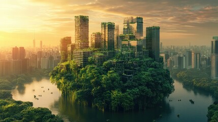 Obraz premium green future and urban sustainability portrayed in sustainable environment concept emphasizing human thinking towards preserving nature and reducing carbon footprint