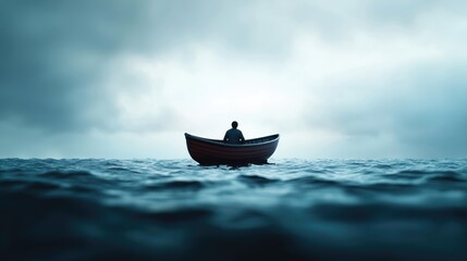 Obraz premium Solitary Boat in Calm Water Under Cloudy Sky