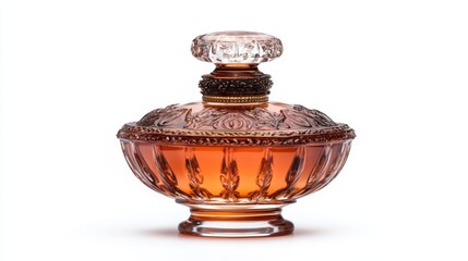 Elegant vintage perfume bottle with intricate design filled with amber-colored liquid, isolated on white background.