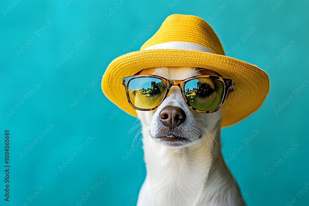 Poster A stylish dog poses in a bright yellow hat and sunglasses against a vibrant turquoise background, looking cool.