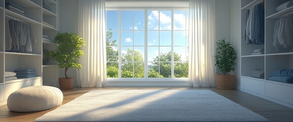 Modern bedroom with large window and white curtains