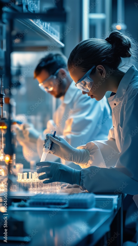 Poster scientists conduct experiments with test tubes and pipettes in a laboratory at night, focused on res