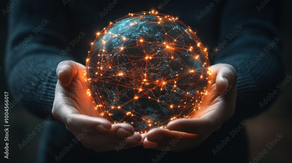 Poster illuminated connections: a world of network in hands. hands cradling a globe with intricate connecti