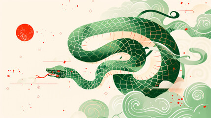 Obraz premium Furious green snake weaves through stylized clouds and red sun, symbol of the Chinese New Year, adorned with traditional artistic flair and cultural significance