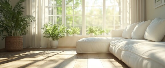 Modern Living Room with White Sofa and Sunlight Streaming Through Window